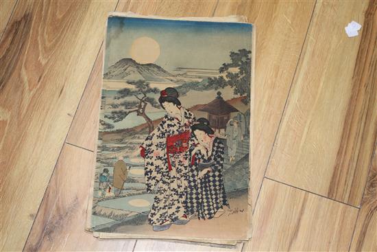 A group of eighteen Japanese woodblock prints, unframed, 36 x 24cm